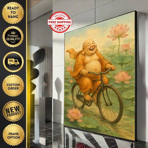 Joyful Buddha Cycling Canvas Wall Art Print Whimsical Zen Living Room Decor Ready To Hang