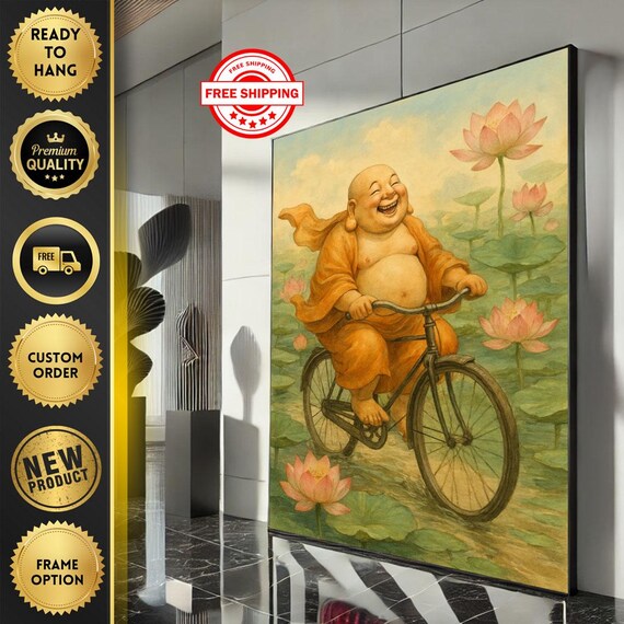 Joyful Buddha Cycling Through Lotus Pond Whimsical Zen Poster