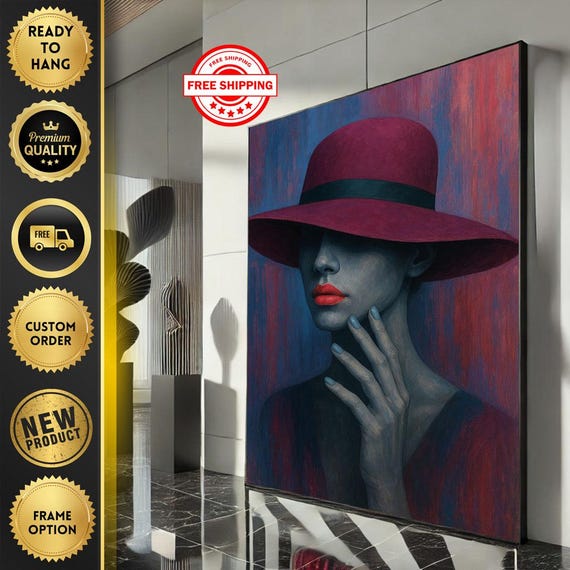 Elegant Woman In Red Hat Canvas Wall Art Print Modern Living Room Decor Statement Piece
