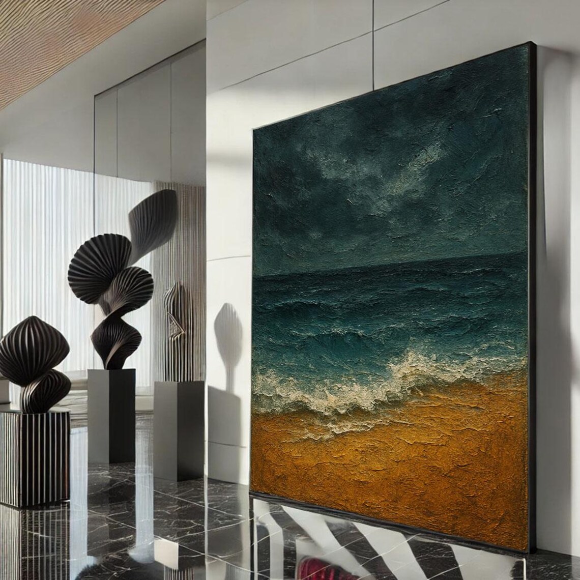 Textured Ocean Waves Rolling on a Dark Teal Sea and Gold Sand Poster