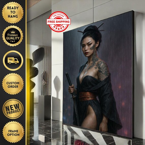 Rainy Night Tattooed Samurai Woman Katana Moody Portrait Art Poster