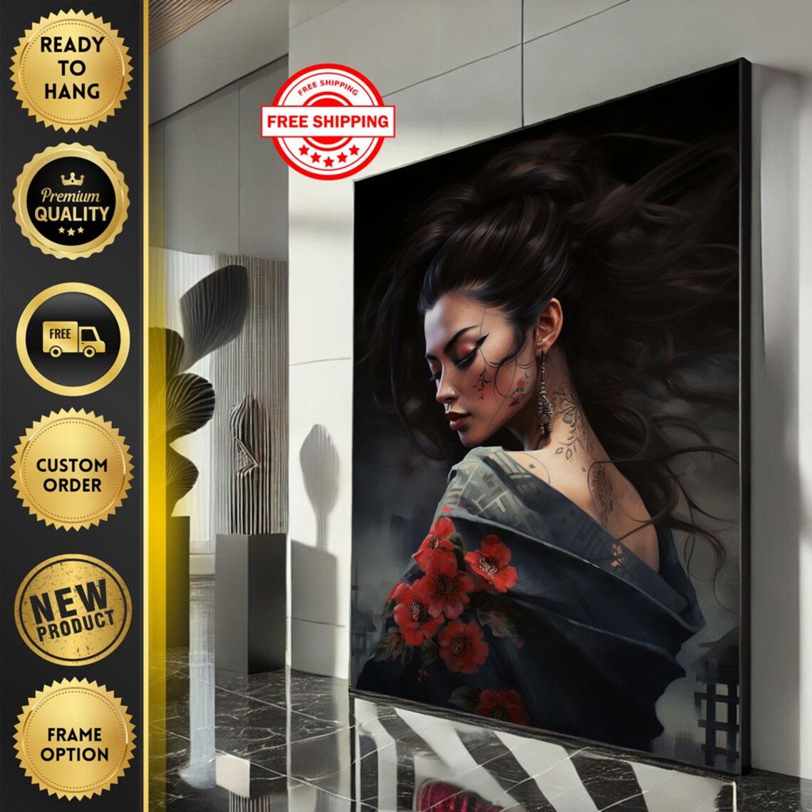 Japanese Woman In Floral Kimono Dark Moody Portrait Art Poster