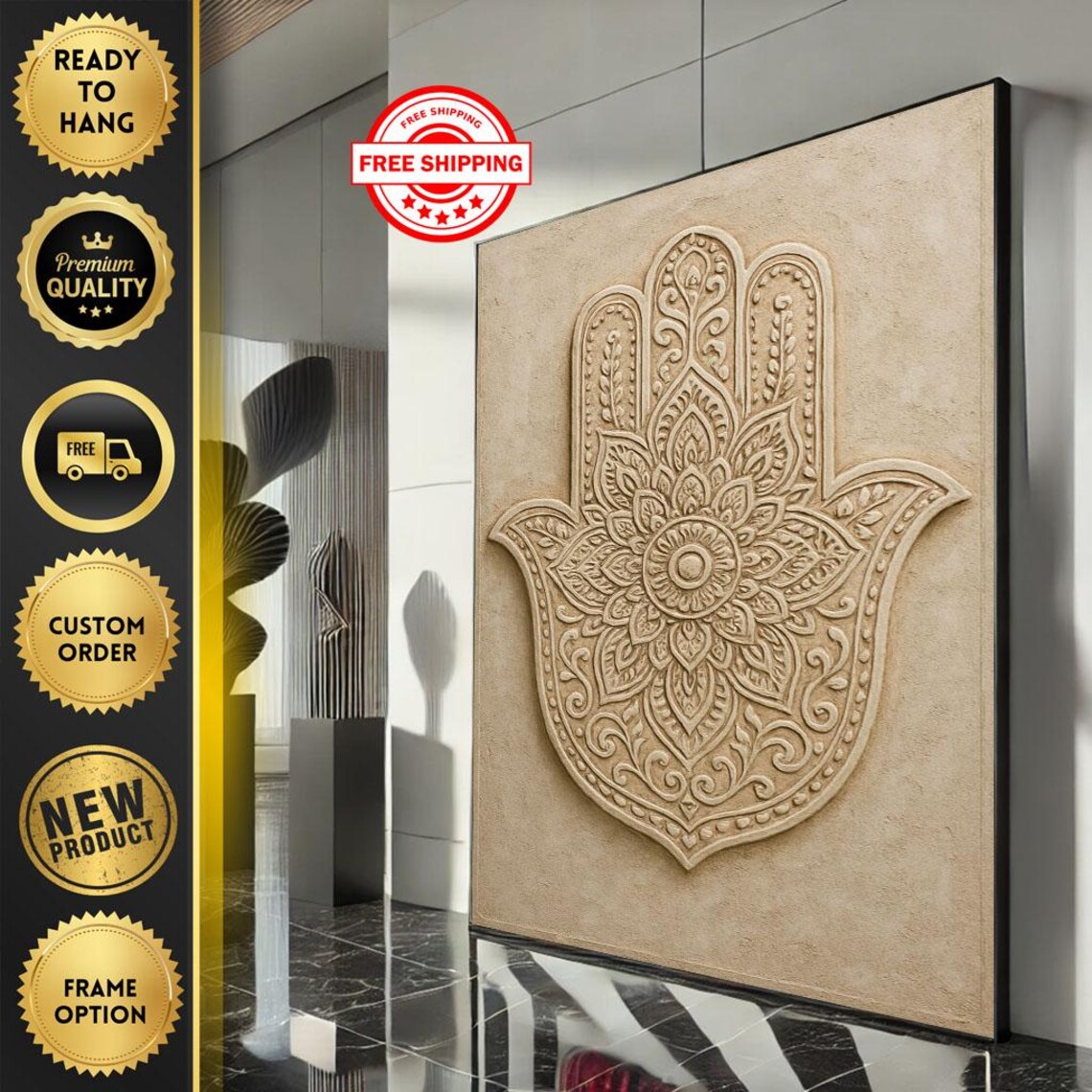 Elegant Hamsa Hand with Mandala Flower Carved Stone Art Poster