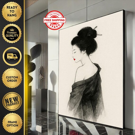 Minimalist Ink Geisha Black Kimono Red Lips Sketch Art Poster