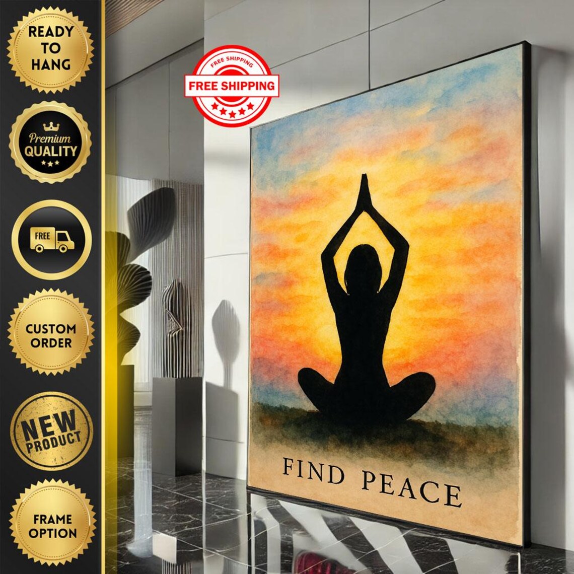Yoga Silhouette Find Peace Sunset Watercolor Meditation Print