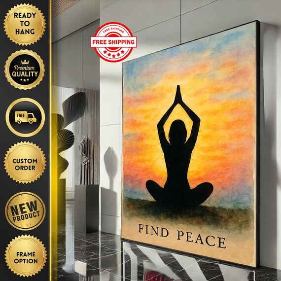 Yoga Silhouette Find Peace Sunset Watercolor Meditation Print