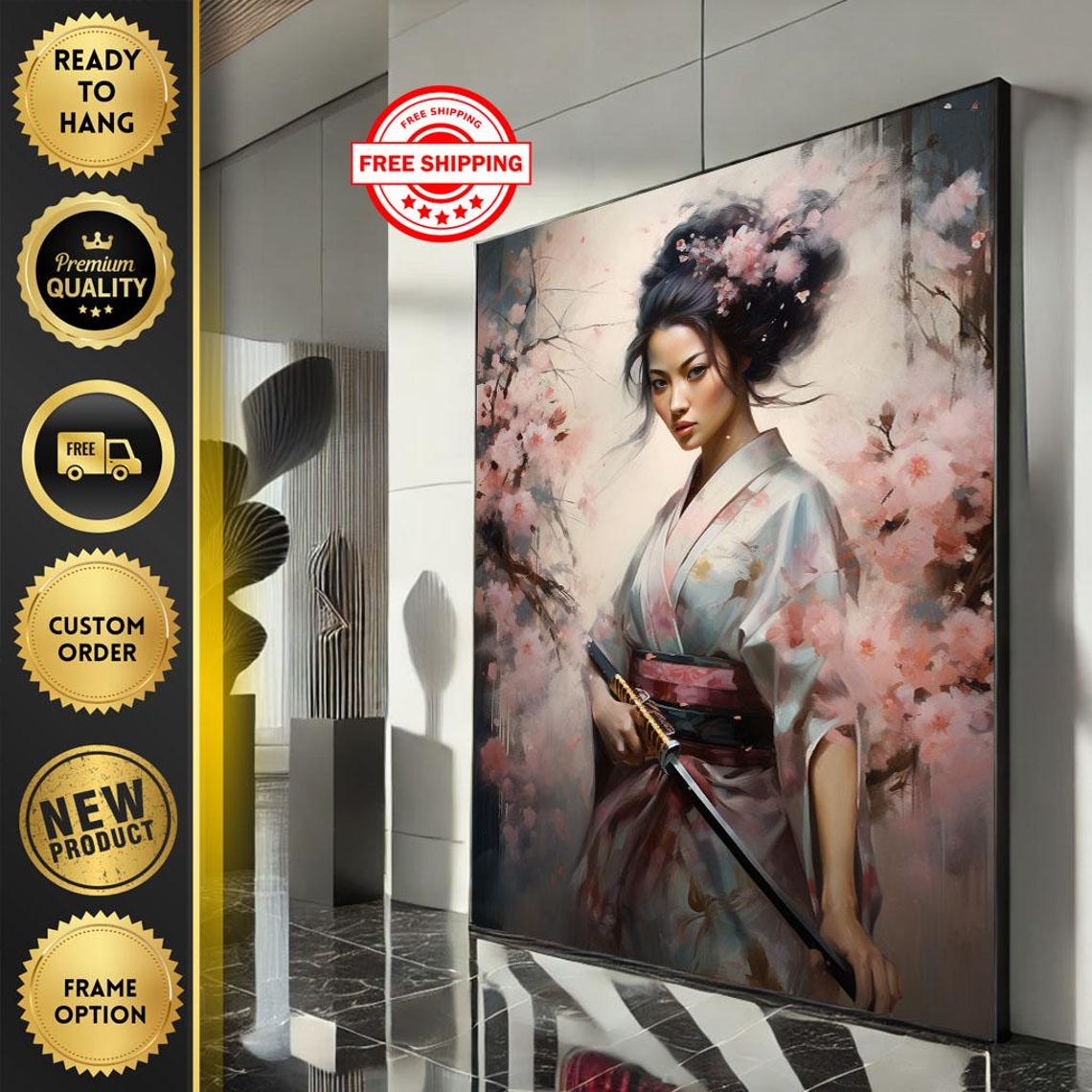 Geisha Warrior With Katana Among Pink Cherry Blossoms Poster