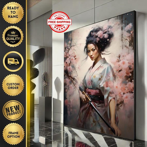 Japanese Geisha In Cherry Blossom Canvas Wall Art Print Elegant Living Room Decor Ready To Hang