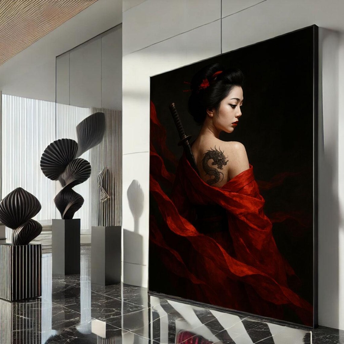 Red Robe Warrior Woman Dragon Back Tattoo Katana Dark Portrait Poster