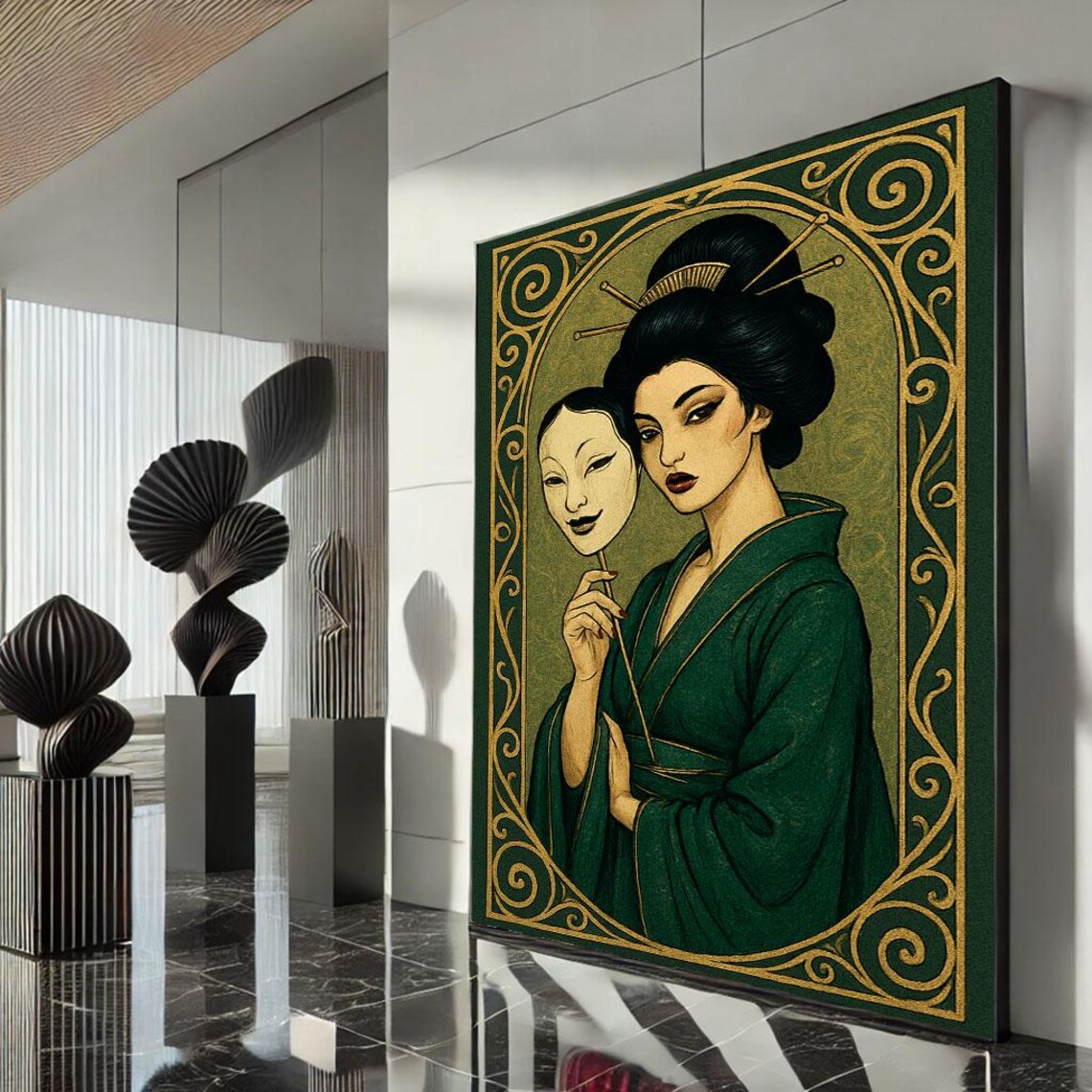 Emerald Geisha With Theater Mask Gold Art Nouveau Border Art Poster