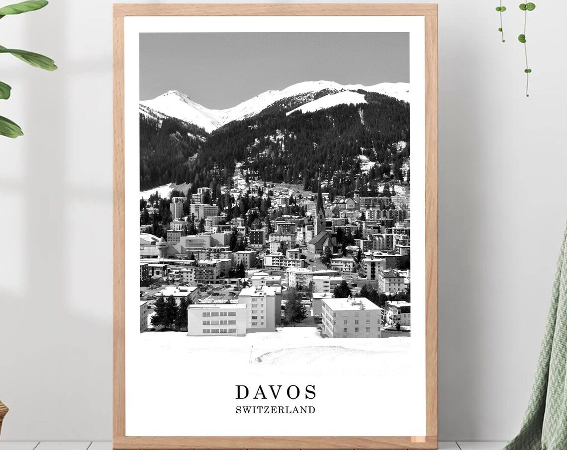 Davos Snowy Alpine Ski Resort Town Black and White Photo Poster