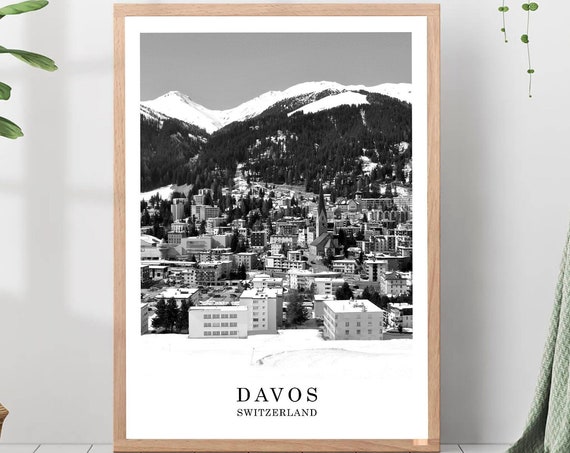 Davos Travel Print Black And White Photo City Landmark Poster Wall Art Decor Gift