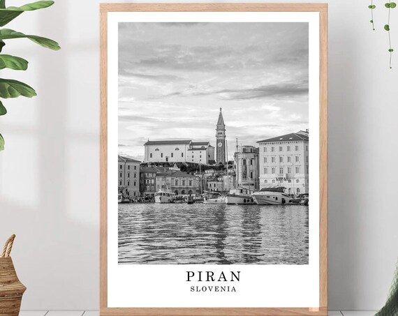 Piran Harbor Waterfront Black And White Slovenia Travel Poster