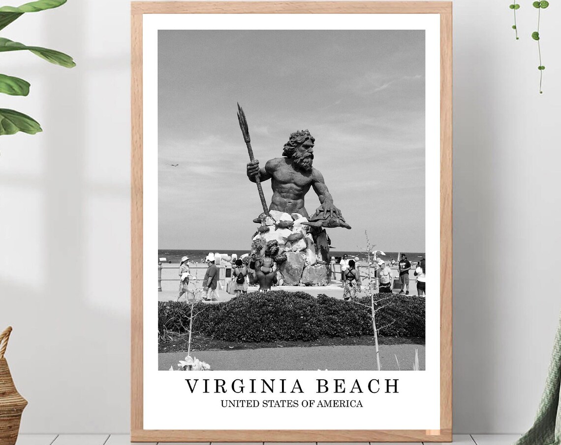 Virginia Beach King Neptune Statue Boardwalk Black White Poster