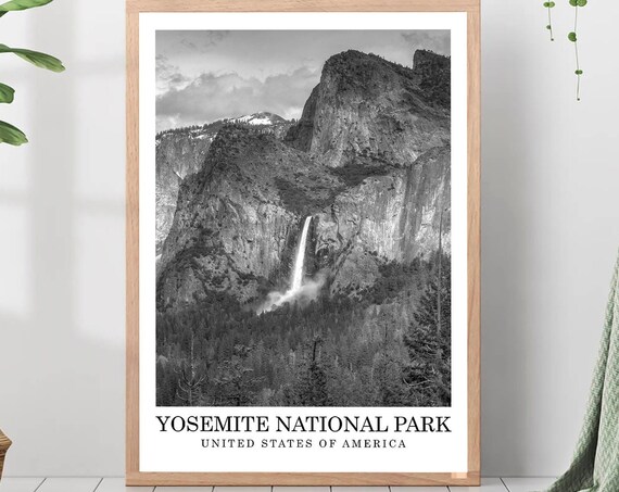 Yosemite National Park Waterfall Cliffs Black and White Photo Travel Poster