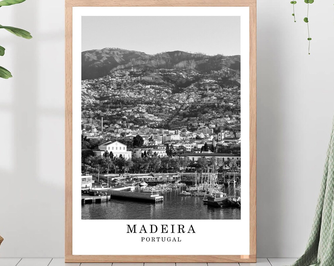 Madeira Funchal Marina Hillside Town Portugal Black White Poster