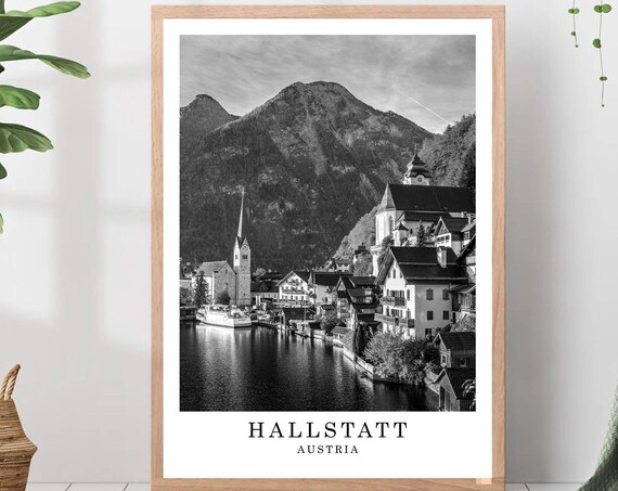 Hallstatt Austria Lakeside Village Black And White Photo Poster