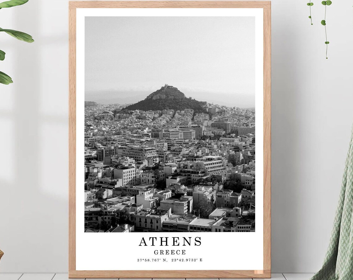 Athens Lycabettus Hill City Skyline Black White Greece Travel Poster