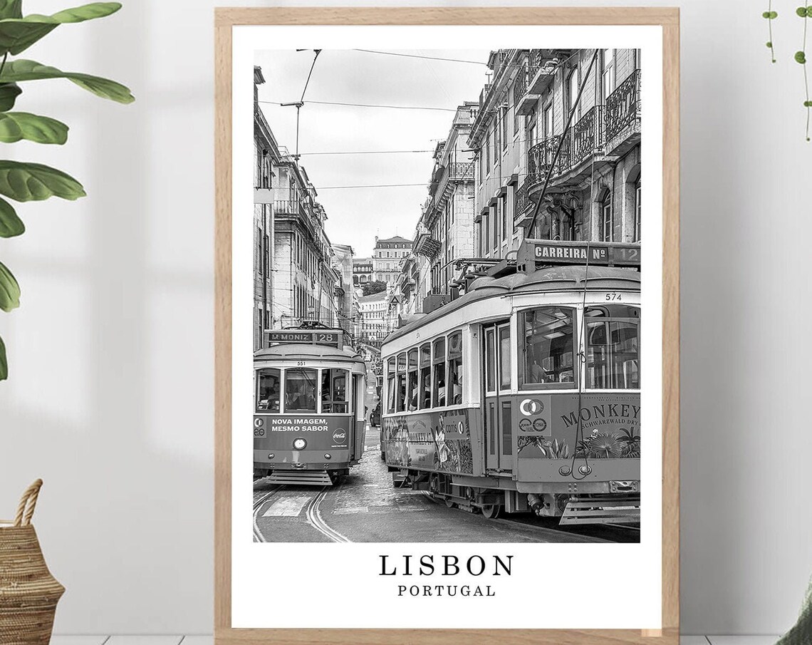 Lisbon Classic Yellow Tram Street Scene Black and White Photo Poster