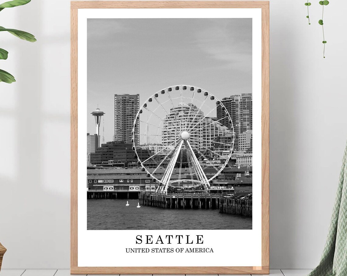 Seattle Waterfront Great Wheel And Space Needle Black And White Poster