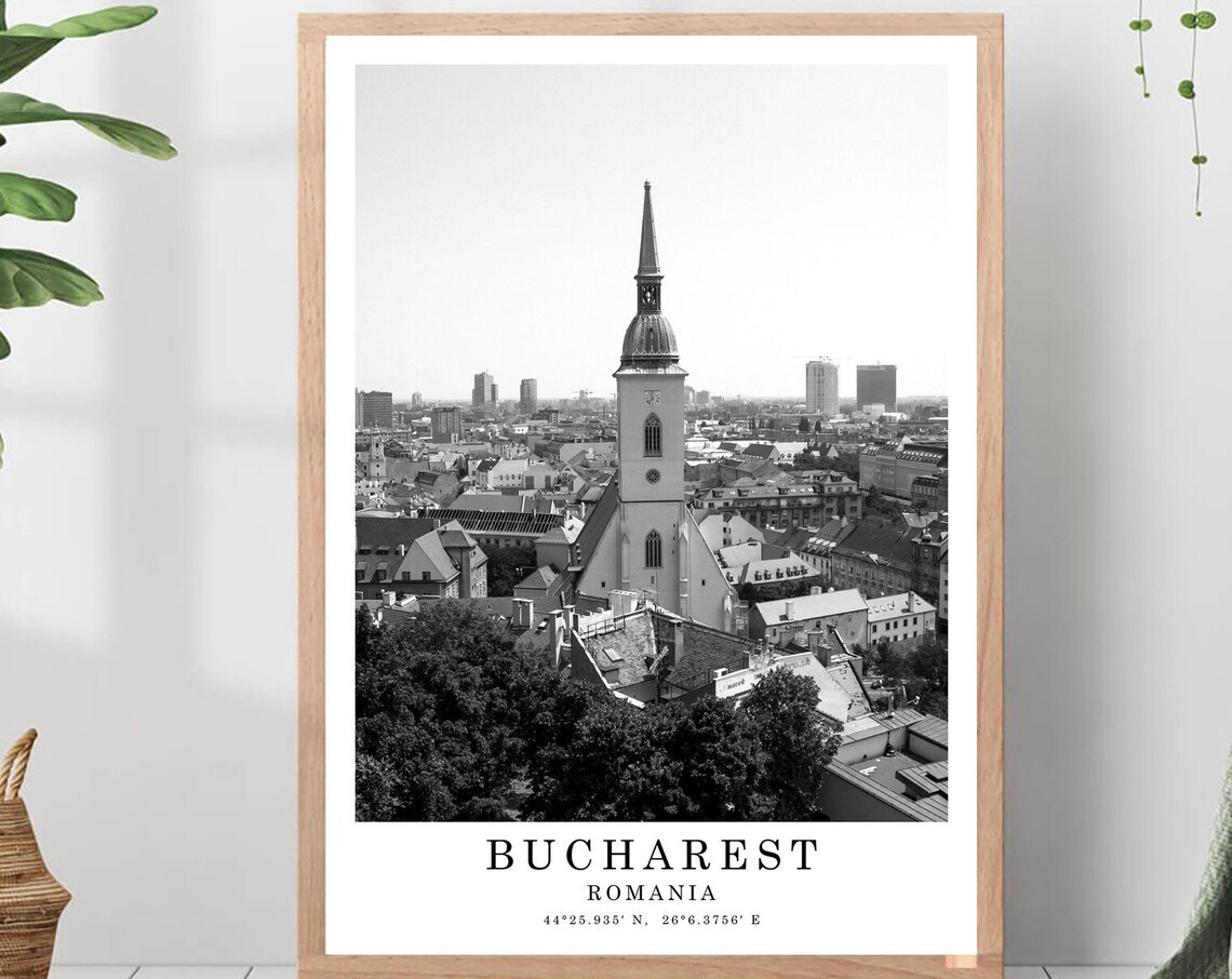 Bucharest Church Spire Old Town Romania Black White Travel Poster