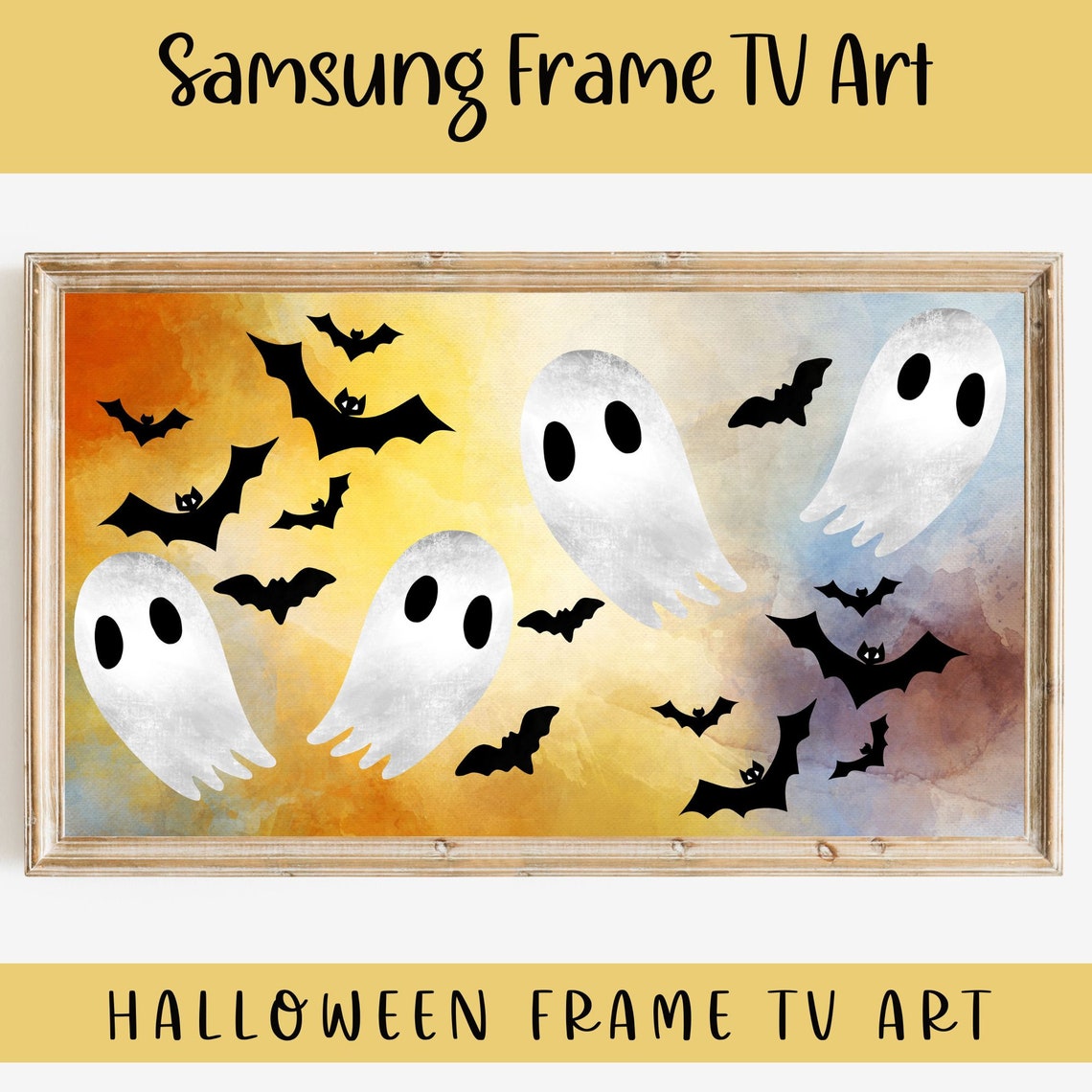 Halloween Frame TV Art Cute White Ghosts and Bats Watercolor Print