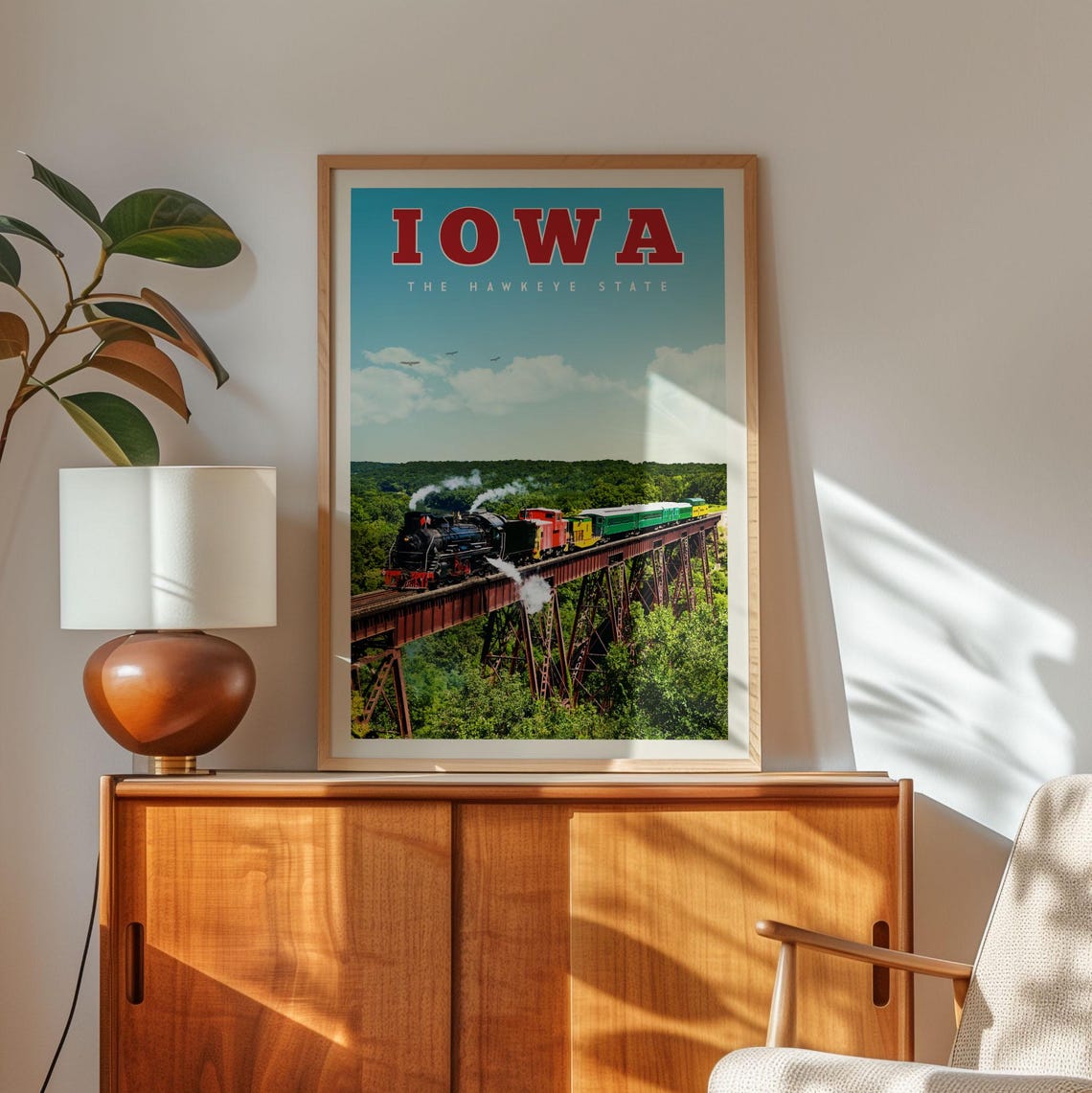 Iowa Hawkeye State Vintage Steam Train Trestle Bridge Travel Poster