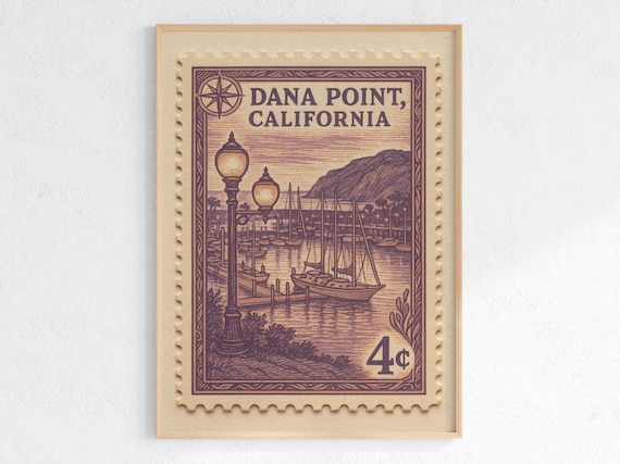 Dana Point California Harbor Vintage Stamp Retro Coastal Sailboat Poster