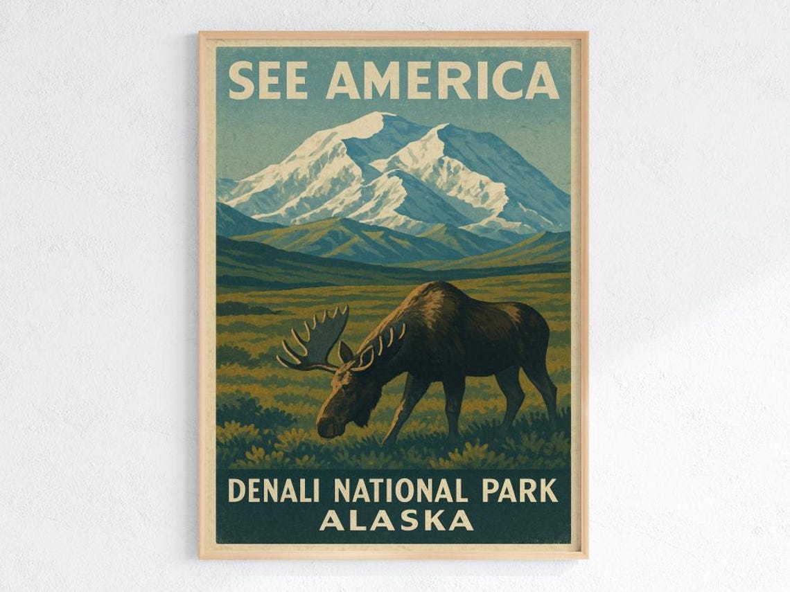 Denali National Park See America Alaska Moose Vintage Travel Poster