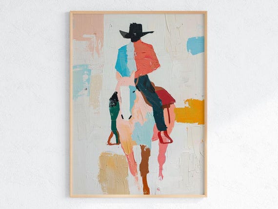 Abstract Cowboy Wall Art Modern Western Horseback Print Rustic Ranch Decor Colorful Brushstroke Painting Southwest Artwork