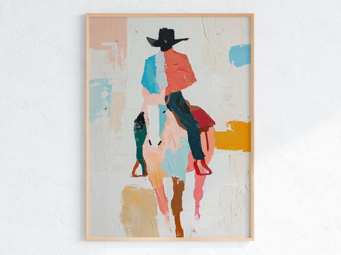 Cowboy Riding Horseback Rear View Colorful Abstract Western Art Poster