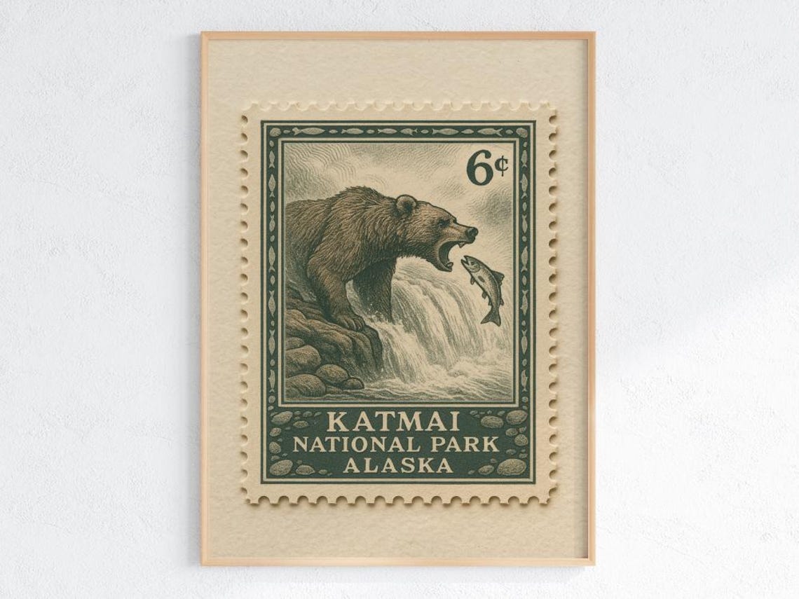 Katmai National Park Alaska Bear Vintage Postage Stamp Retro Poster