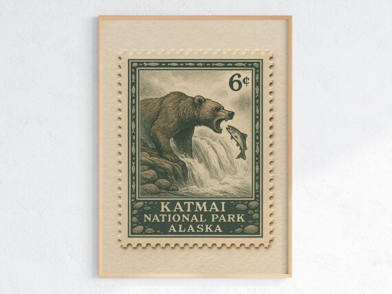 Katmai National Park Alaska Bear Vintage Postage Stamp Retro Poster