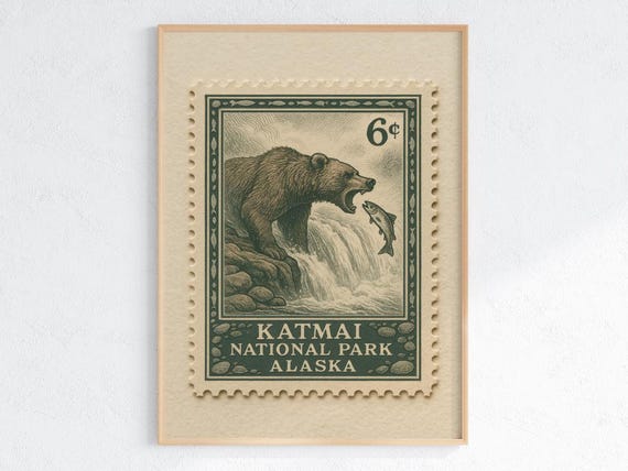 Katmai National Park Stamp Poster Vintage Bear Salmon Illustration Alaska Nature Art Print Retro Decor