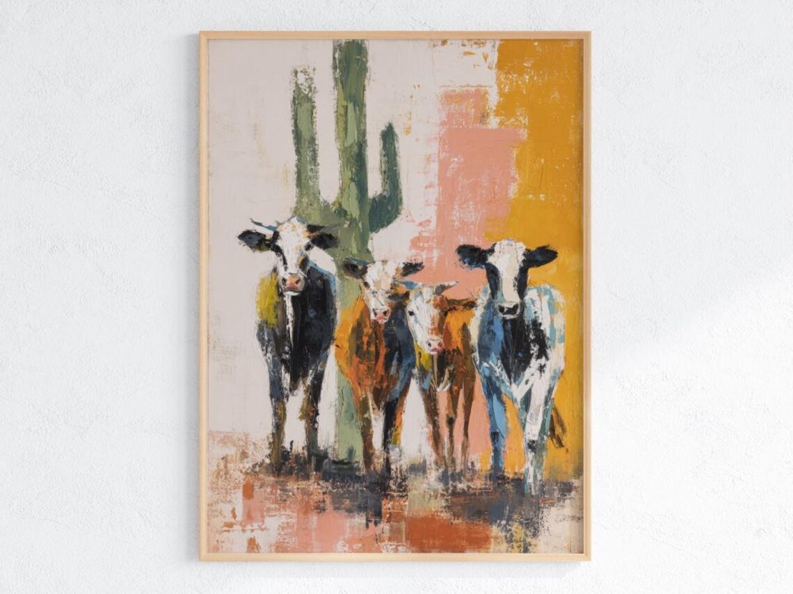 Abstract Cattle And Cactus Poster Modern Southwest Wall Art Desert Cow Painting Rustic Ranch Decor Print Western Home Shared Walls