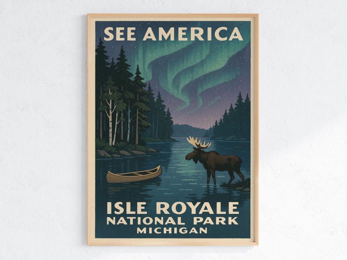 Isle Royale National Park Vintage WPA Style Moose Aurora Poster