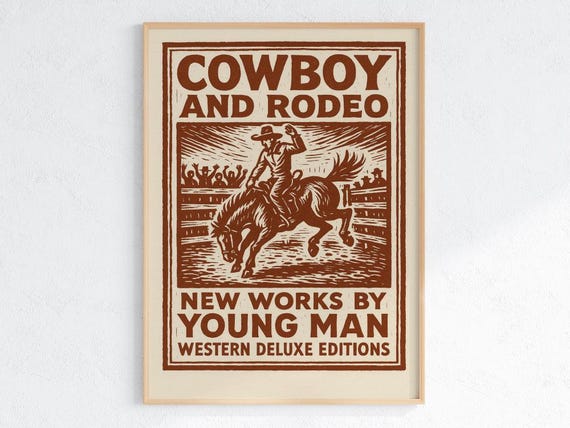 Vintage Cowboy Rodeo Poster Western Wall Art Print Rustic Rider Illustration Country Home Decor Gift
