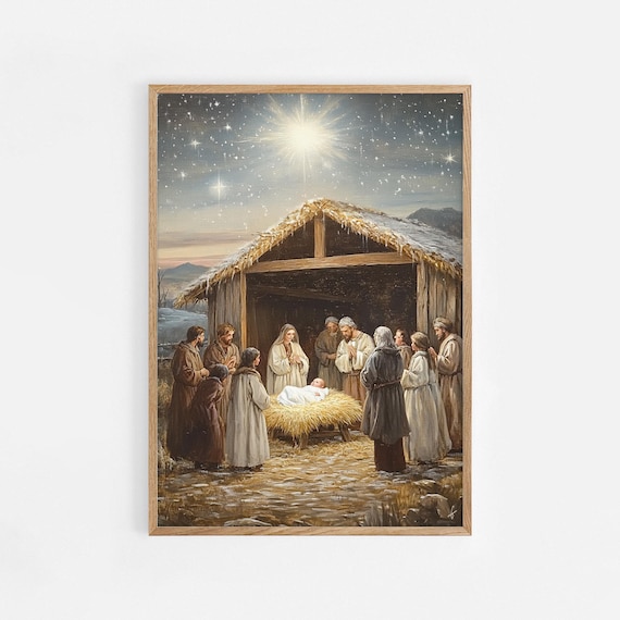Nativity Scene Baby Jesus Starry Night Christmas Faith Poster