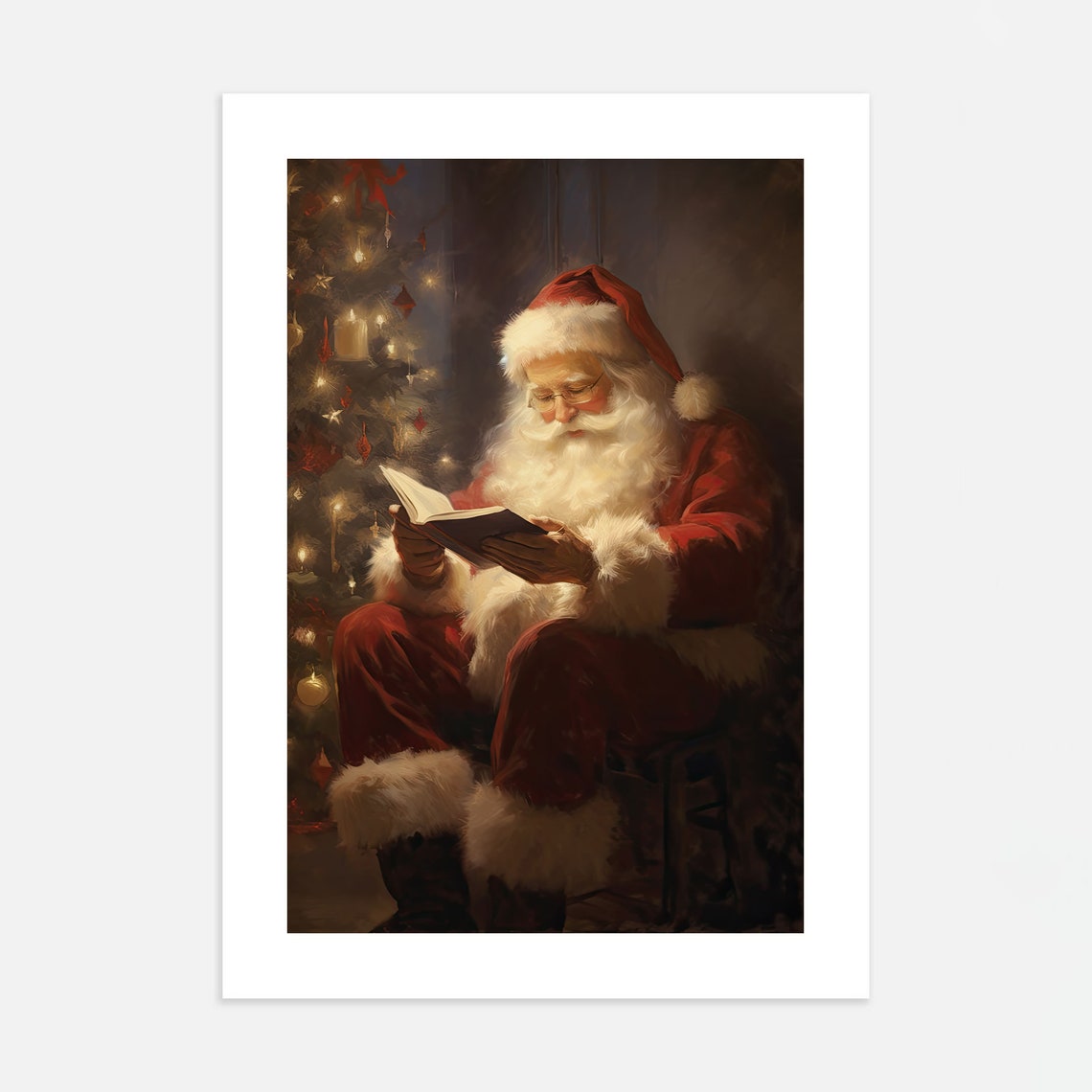 Santa Claus Reading Book Christmas Tree Vintage Style Oil Poster - Image 4