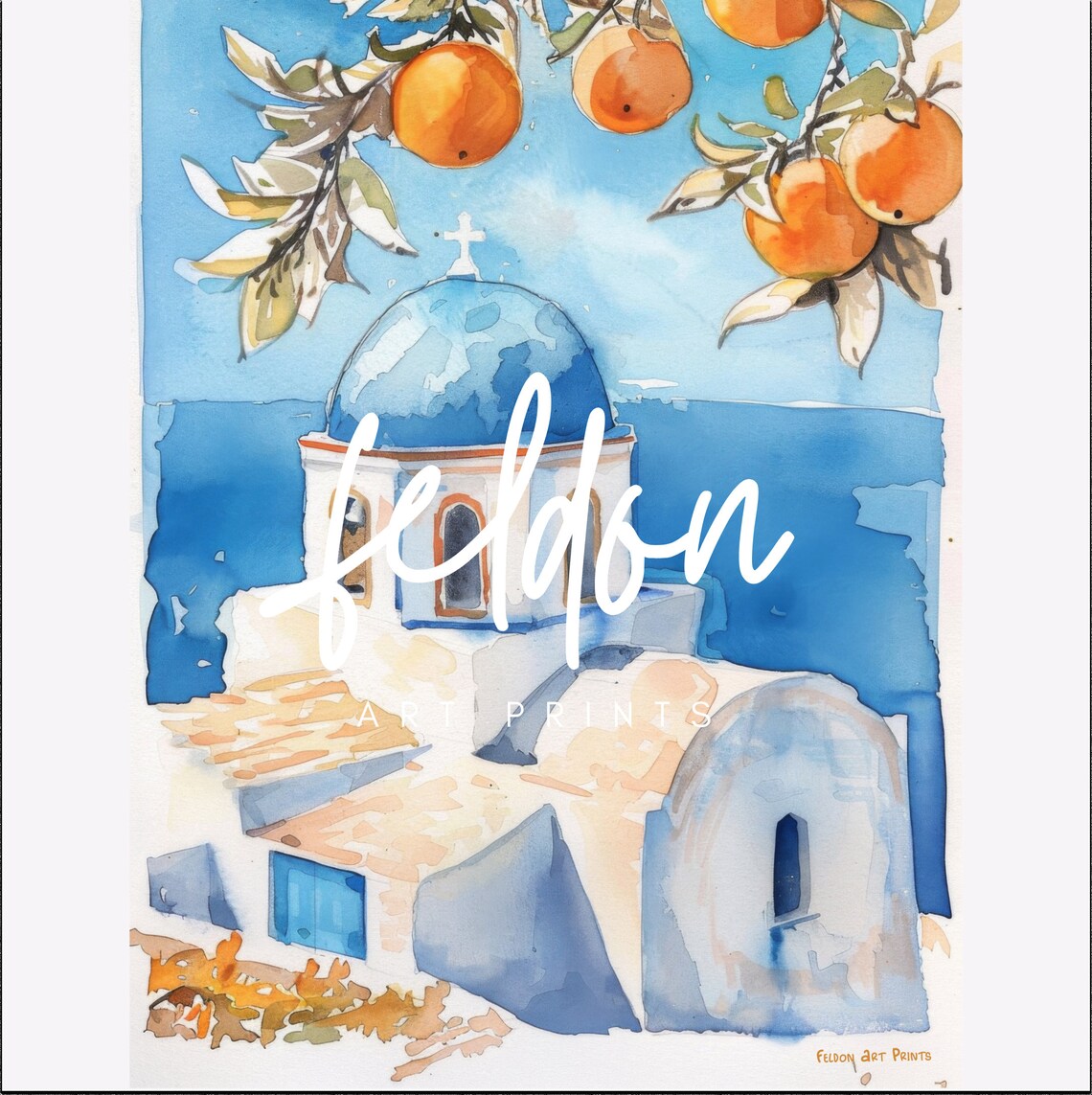 Santorini Greece Blue Dome Church Watercolor Travel Art Poster - Image 2