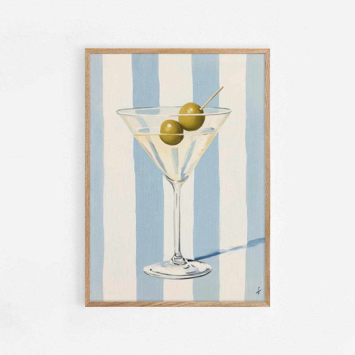 Classic Martini Glass Olives Poster Blue Striped Bar Cart Wall Decor