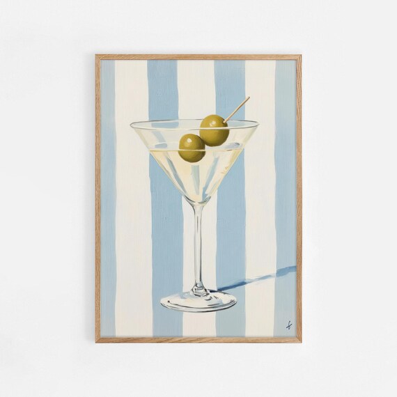 Classic Martini Glass Olives Poster Blue Striped Bar Cart Wall Decor