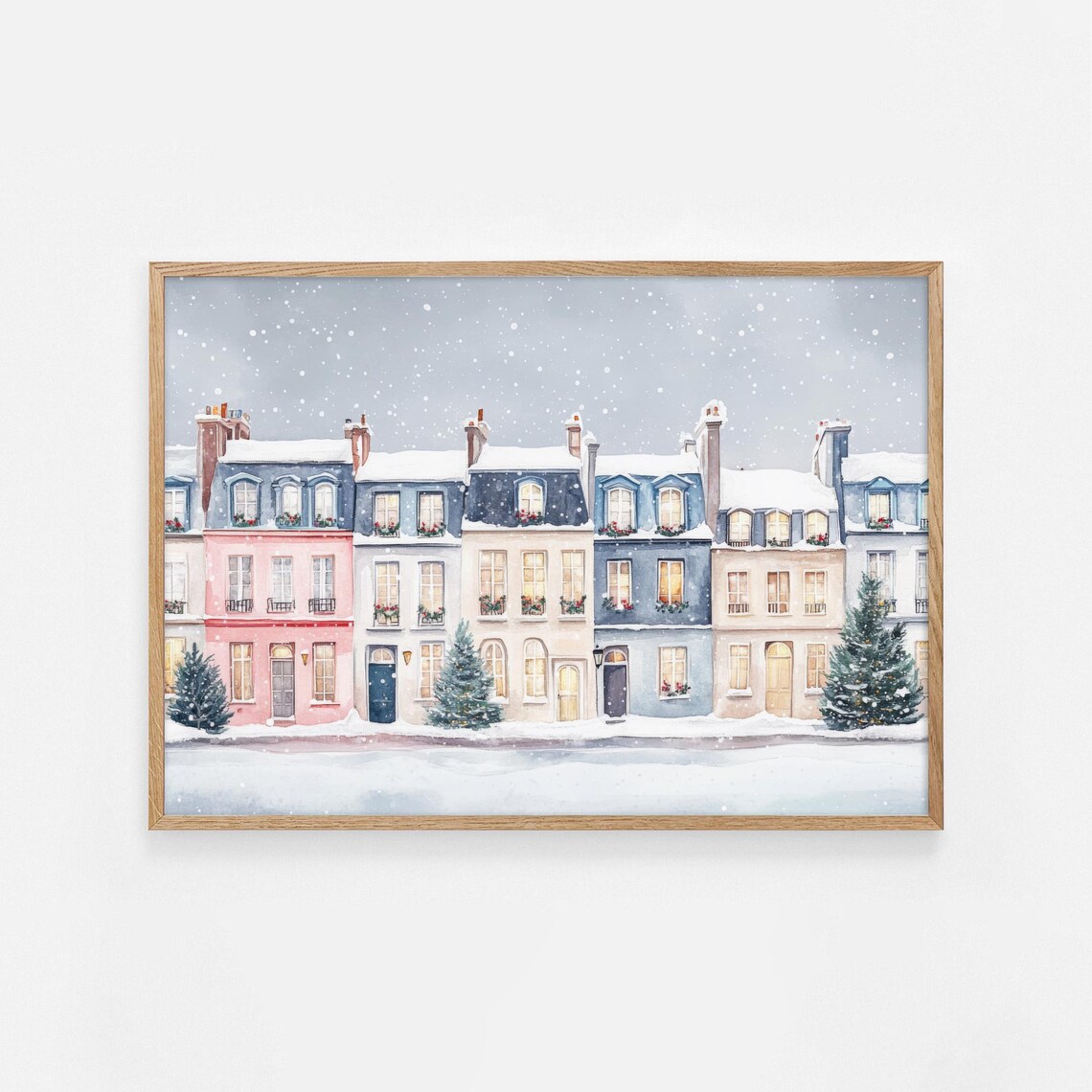 Pastel Snow Village Street Winter Holiday Watercolor Art Poster