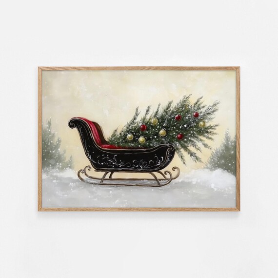 Vintage Christmas Sleigh Decorated Tree Snowy Holiday Poster