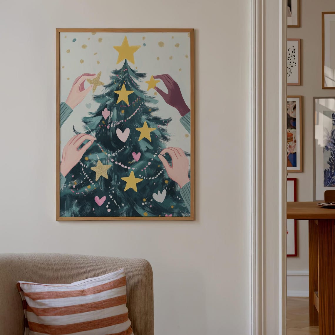 Hands Decorating Christmas Tree Star Ornaments Joyful Art Poster - Image 4