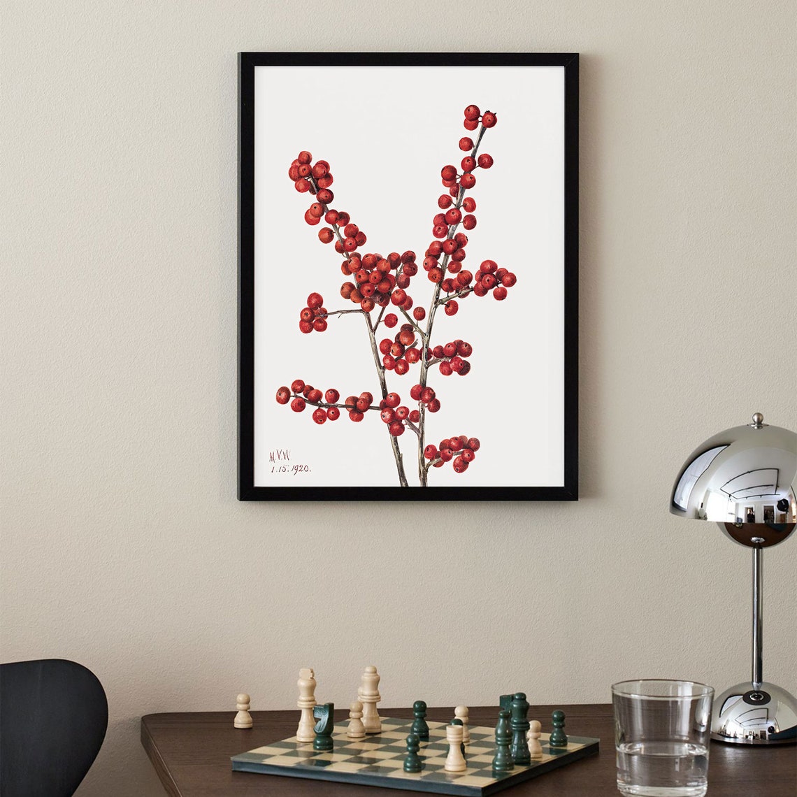 Vintage Red Winter Berry Branches Botanical Illustration Poster - Image 3