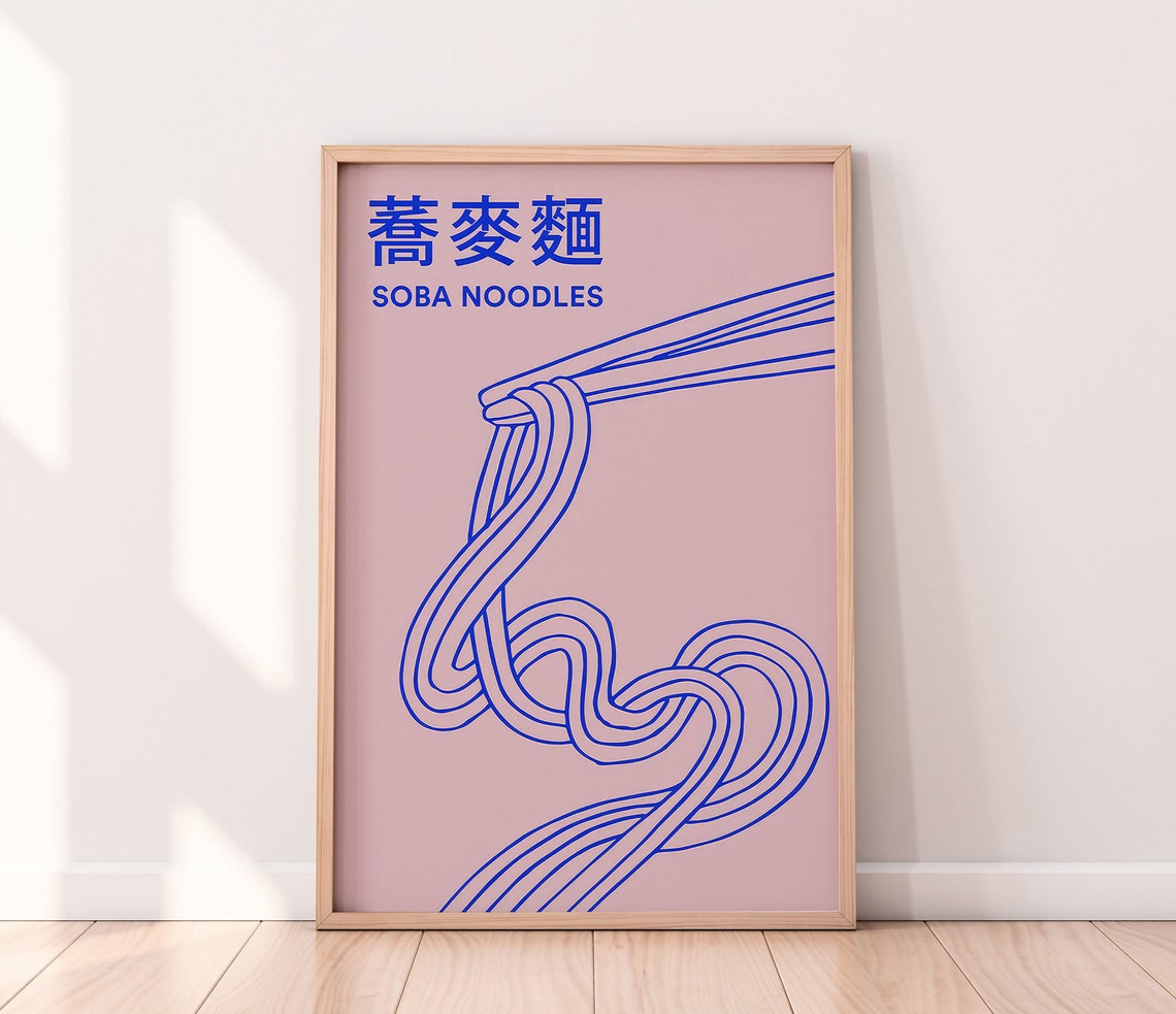 Soba Noodles Blue Line Art Pink Minimalist Japanese Kitchen Poster