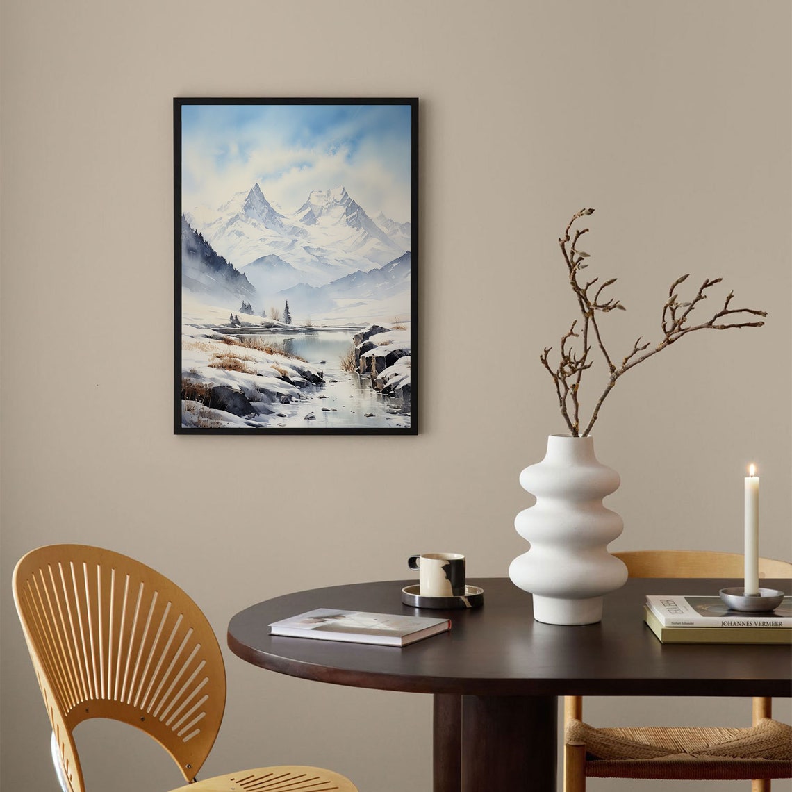 Winter Snow Mountain Stream Watercolor Serene Snowy Landscape Poster - Image 3