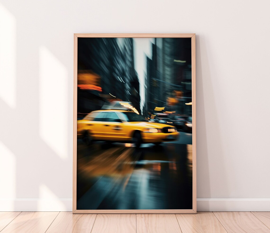 New York City Yellow Taxi Motion Blur Rainy Night Street Poster - Image 3