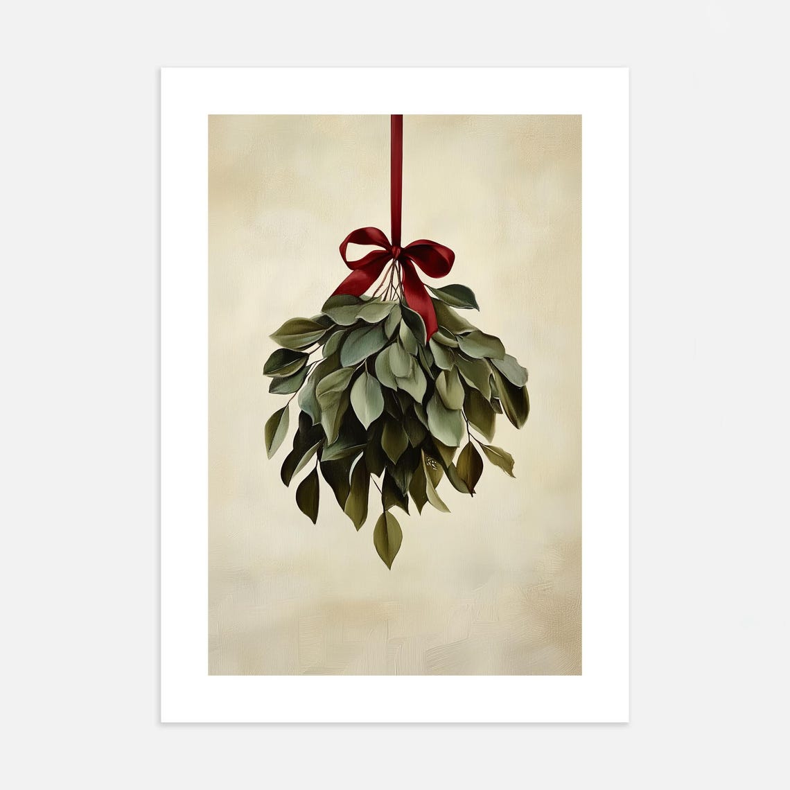 Vintage Mistletoe Red Bow Cream Background Holiday Art Poster - Image 2